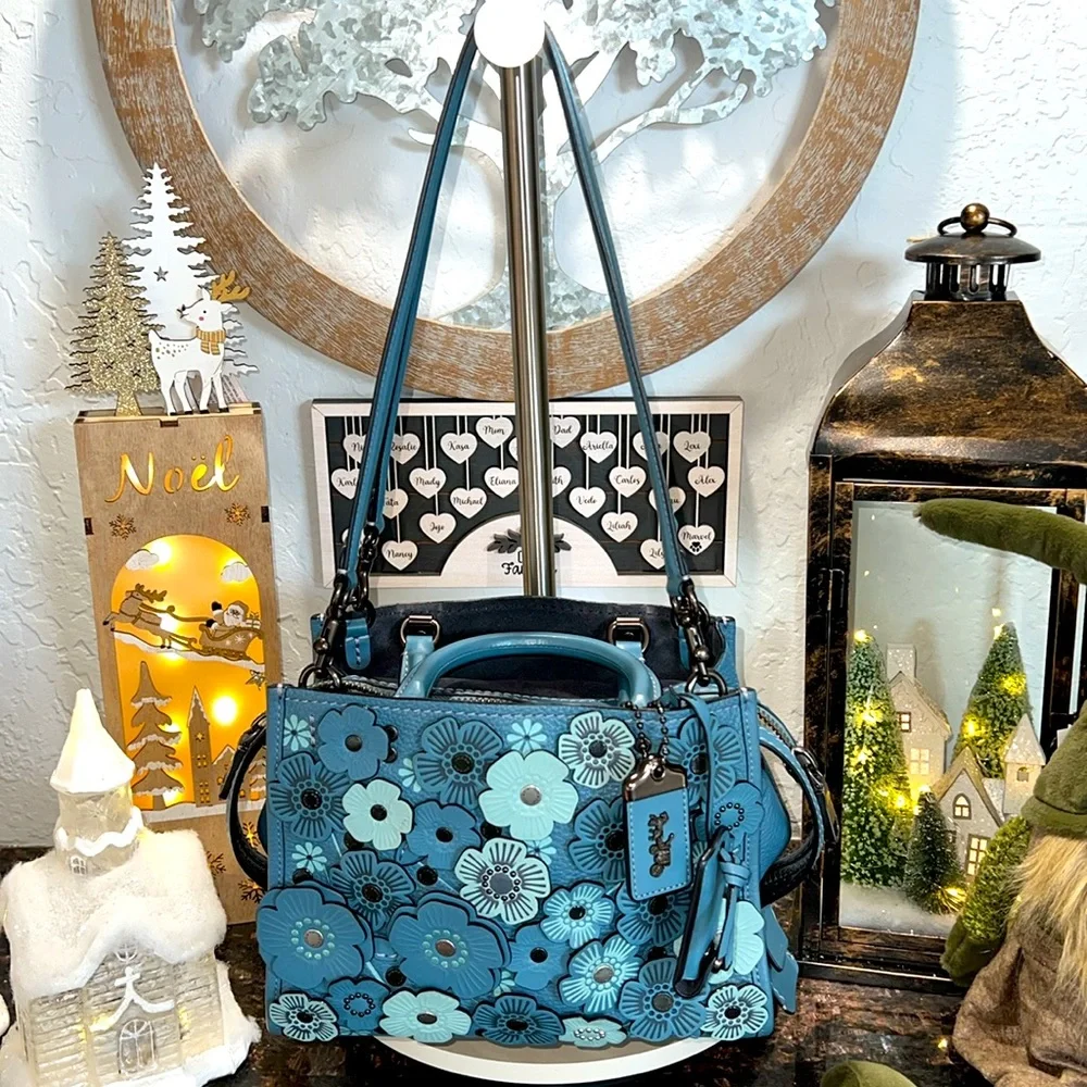 COACH#58840 BLUE TEA ROSE APPLIQUE ROGUE SATCHEL - Picture 3 of 17